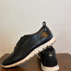 Cole Haan Black Perforated Slip On Wingtip Loafers with White Soles